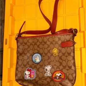 Coach Brown Signature Crossbody with Snoopy patchwork